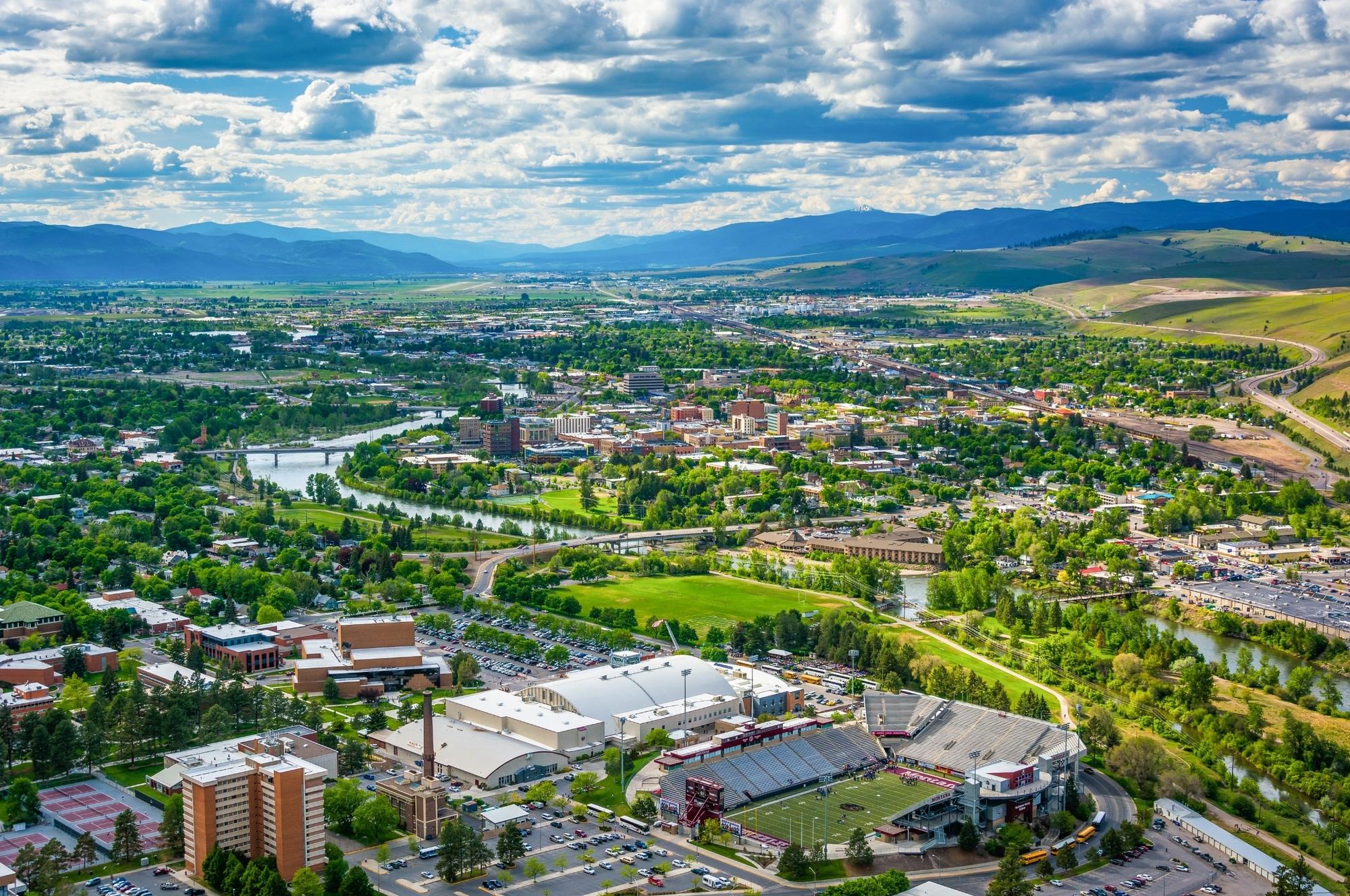 Missoula from Mount Sentinel: downtown, the Clark Fork River and the mountains beyond